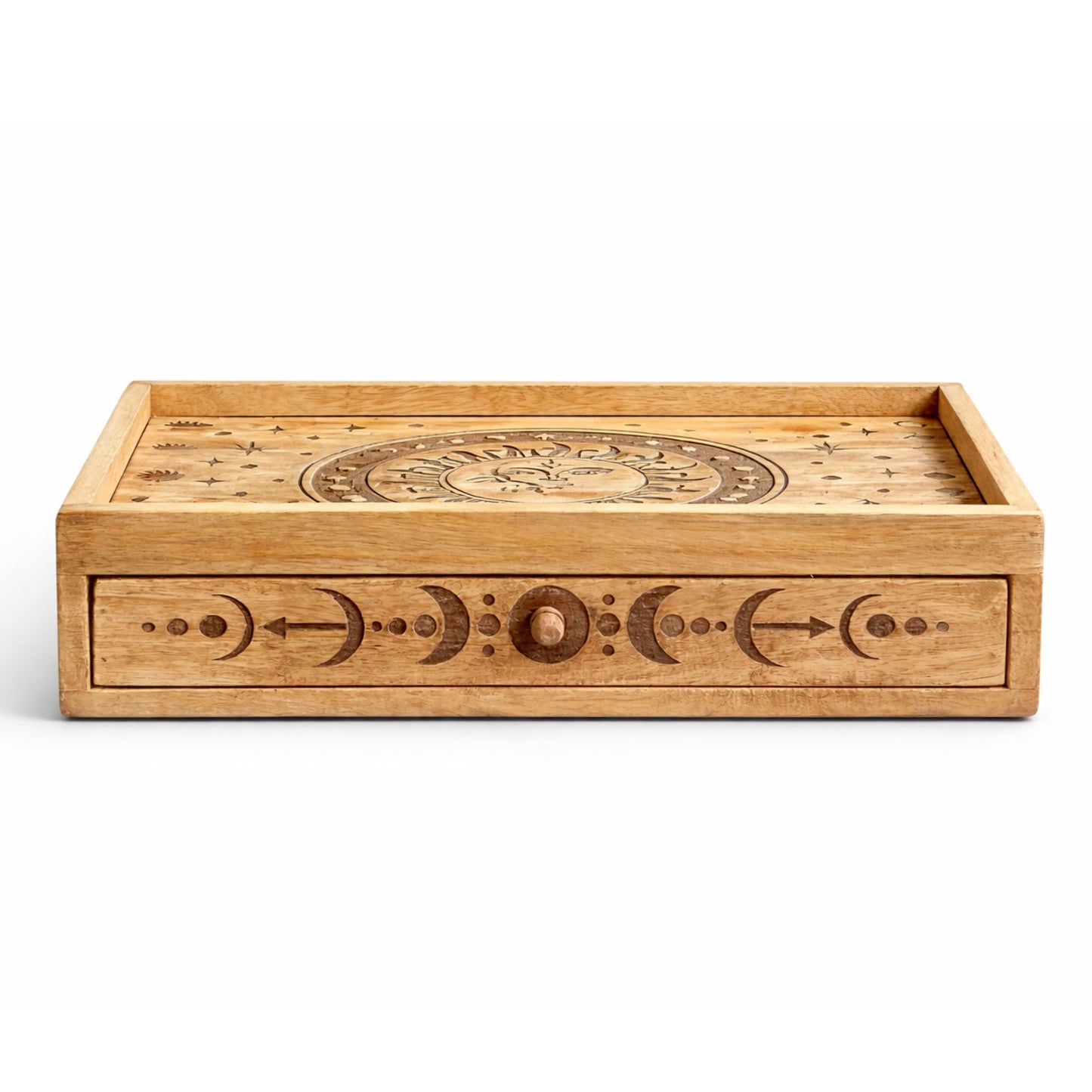 Wooden tray with engraved design on a white background