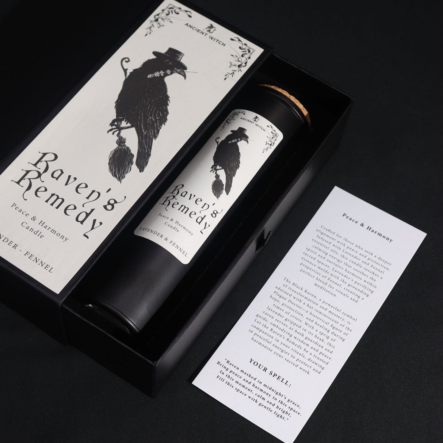 Candle packaging with 'Raven's Remedy' branding on a dark background
