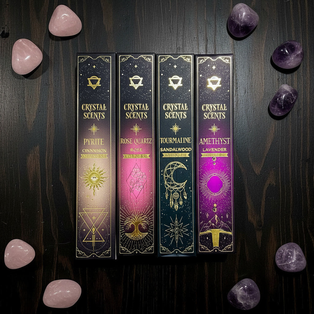 Four 'Crystal Scents' incense sticks with decorative labels on a dark background with crystals.