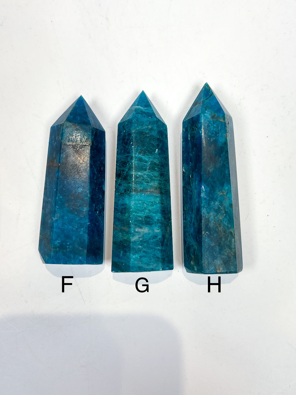 Three blue crystal points labeled F, G, and H on a white background