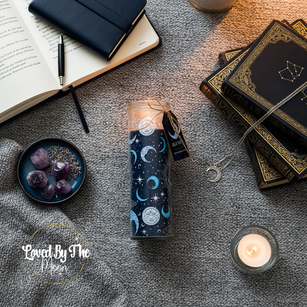 Blue Celestial Moon and Star Candle on a grey rug surrounded by books, crystals and a candle.