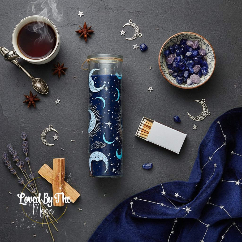 Blue Celestial Moon and Star Candle on a grey floor surrounded by celestial items