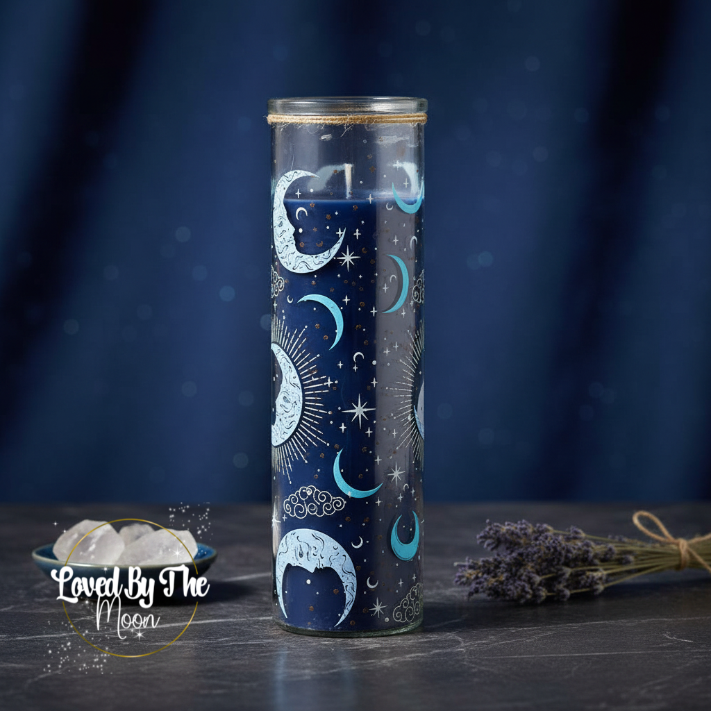 Blue Celestial Moon and Star Candle with blue background