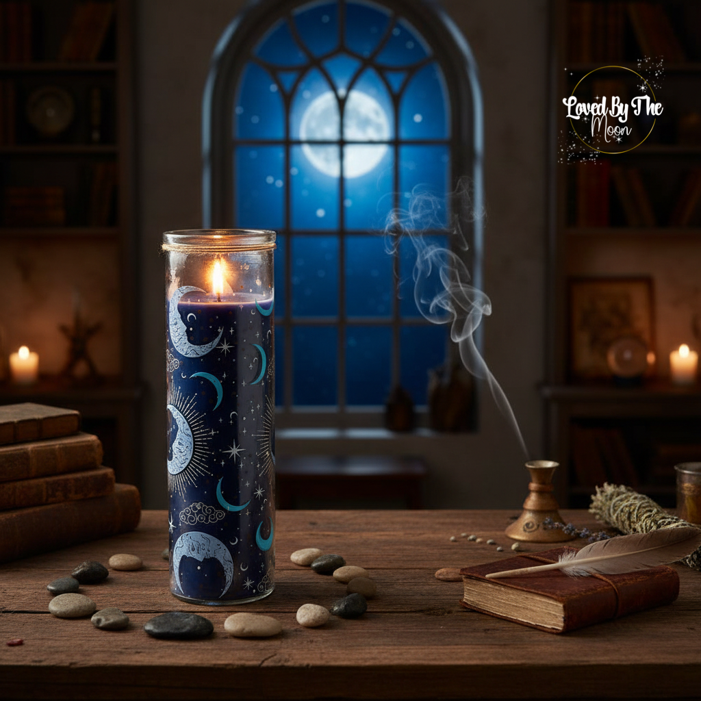 Blue Celestial Moon and Star candle in front of a window with a full moon