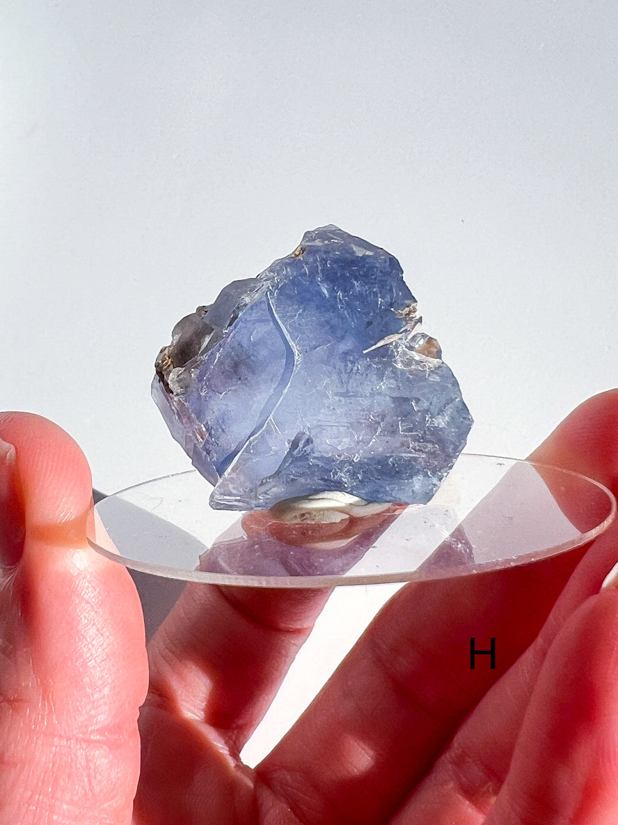 Blue crystal held between two hands with a white background