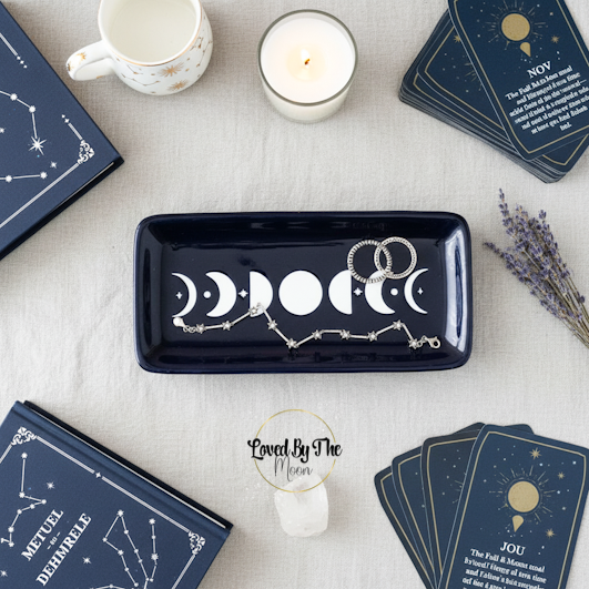 Blue Moon Phase Trinket Dish on a white table cloth surrounded by blue cards