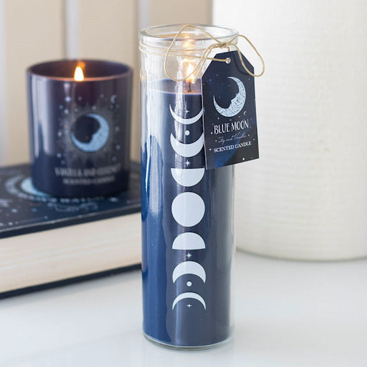 Blue Moon Phase Wild Blueberry & Vanilla Candle with small blue candle in the background