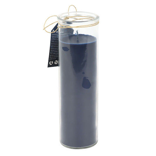 blue candle in clear tube with white background.