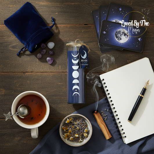 Blue Moon Phase Wild Blueberry & Vanilla Candle  lying flat on a wooden table surrounded by celestial items.