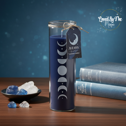 Blue Moon Phase Wild Blueberry & Vanilla Candle  standing on a wooden table with a blue background.