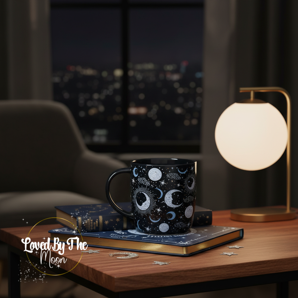 celestial moon and star mug on a book with a wooden table and city view background