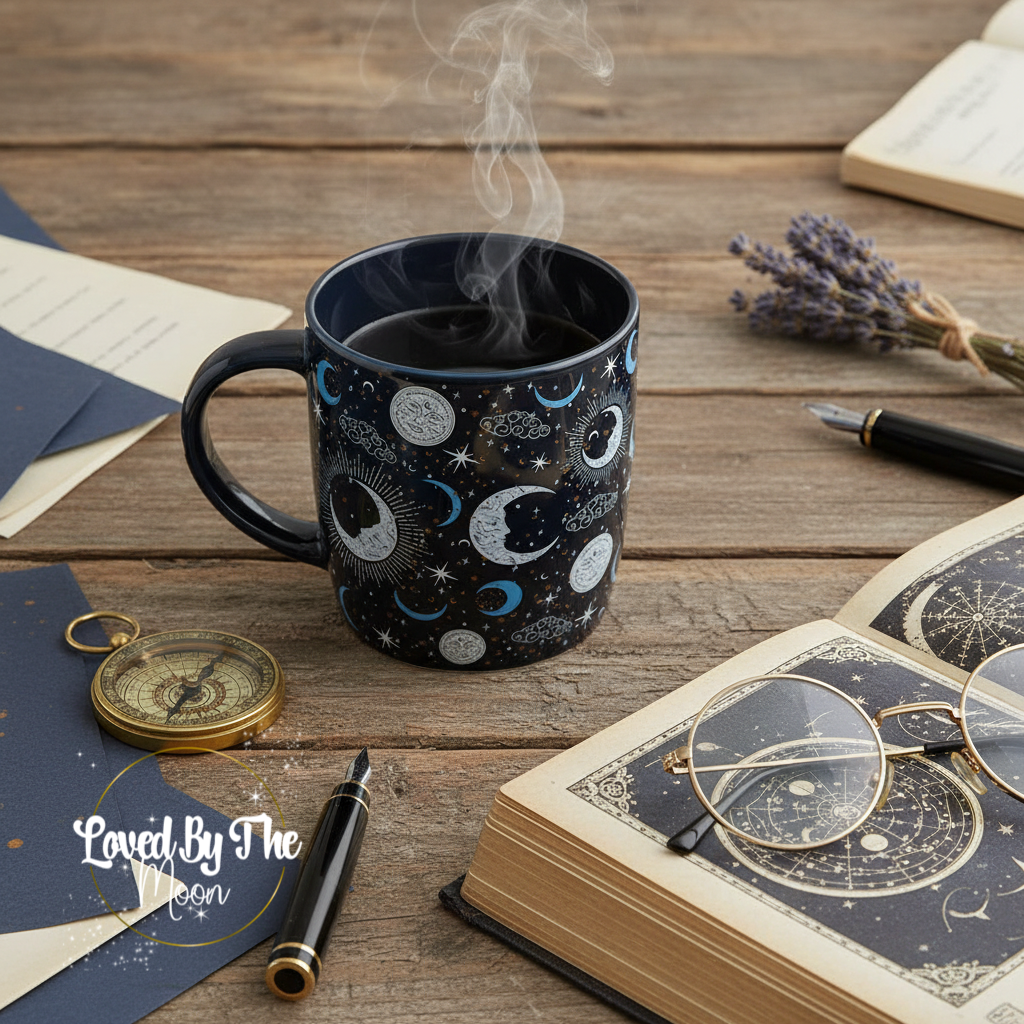Celestial Moon and Star Mug on a wooden table 