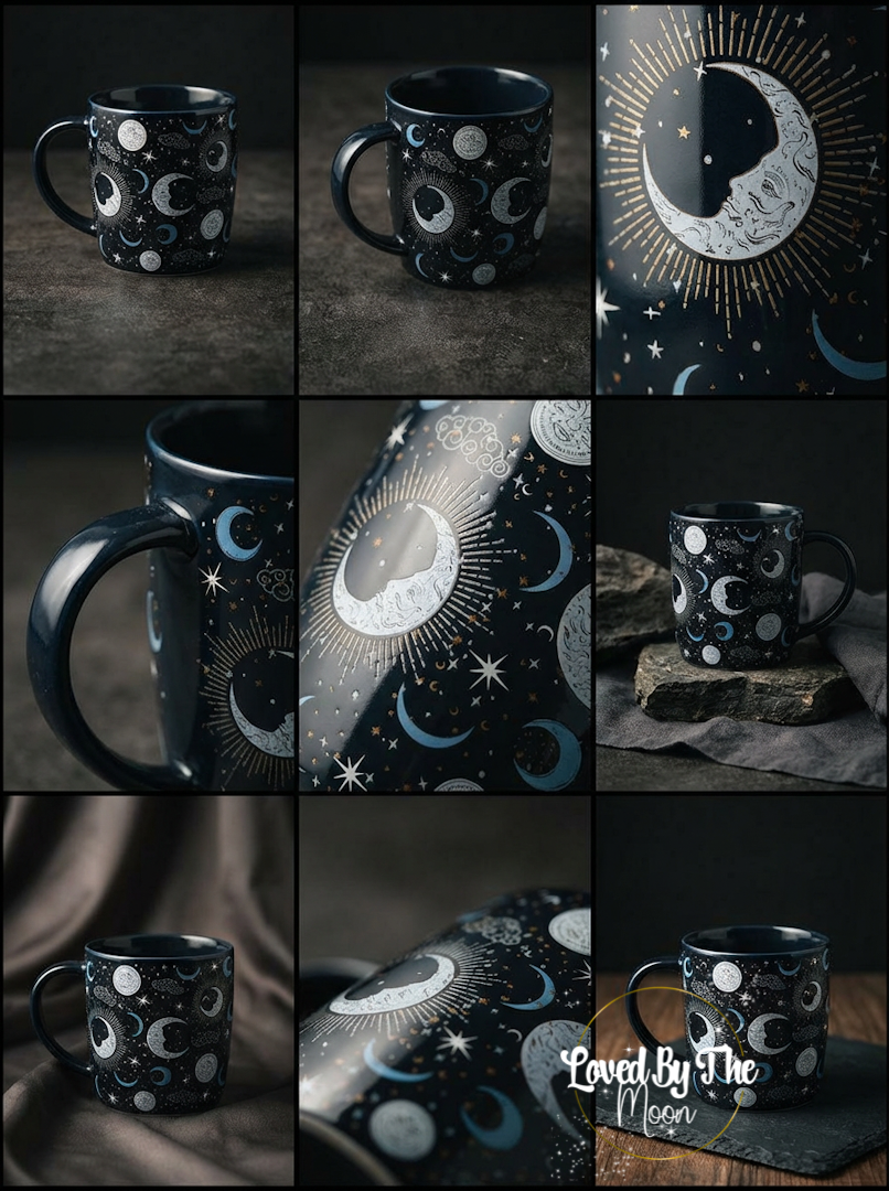 Celestial Moon and Star Mug  displayed in 9 boxes