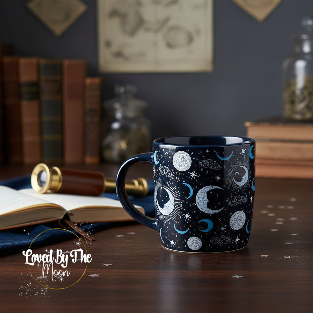 Celestial Moon and Star Mug on wooden table with books in the background.