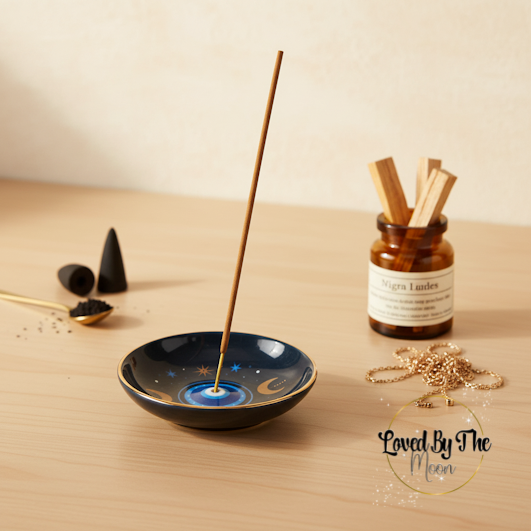Celestial Protective Eye Incense Stick Holder on wooden table.