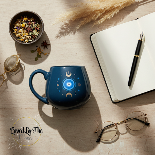 Celestial Protective Eye Mug on a wooden table from a birds eye view