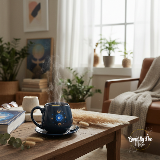 Celestial Protective Eye Mug on wooden table in a living room setting.