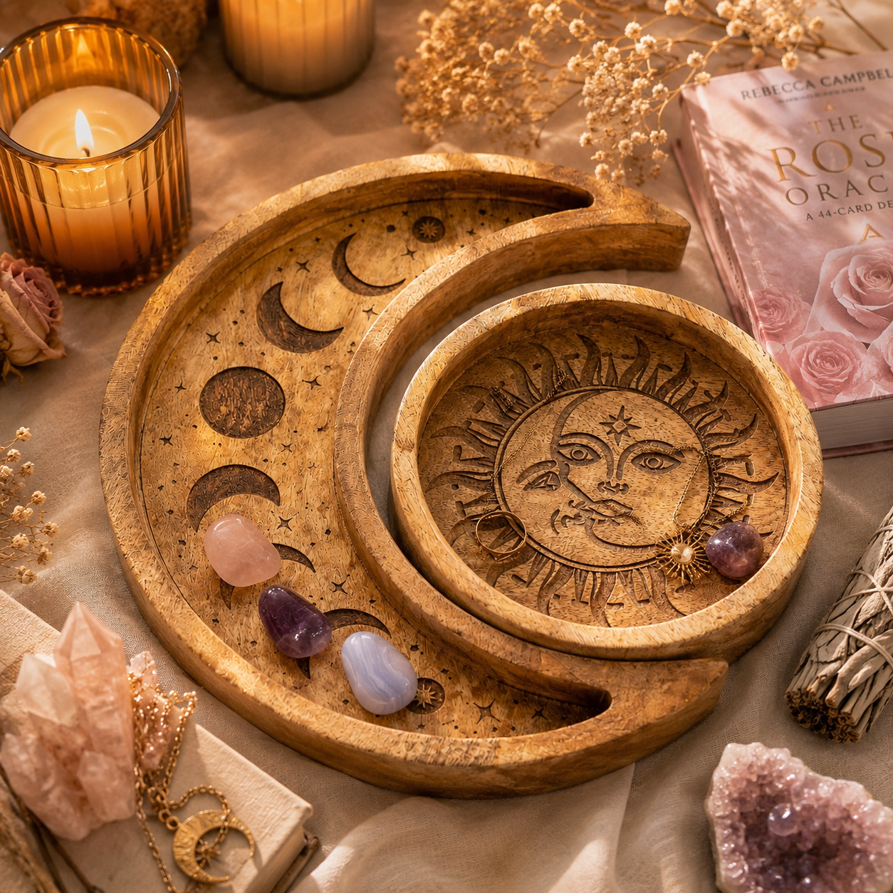 Wooden tray with celestial design surrounded by candles, crystals, and books on a table.