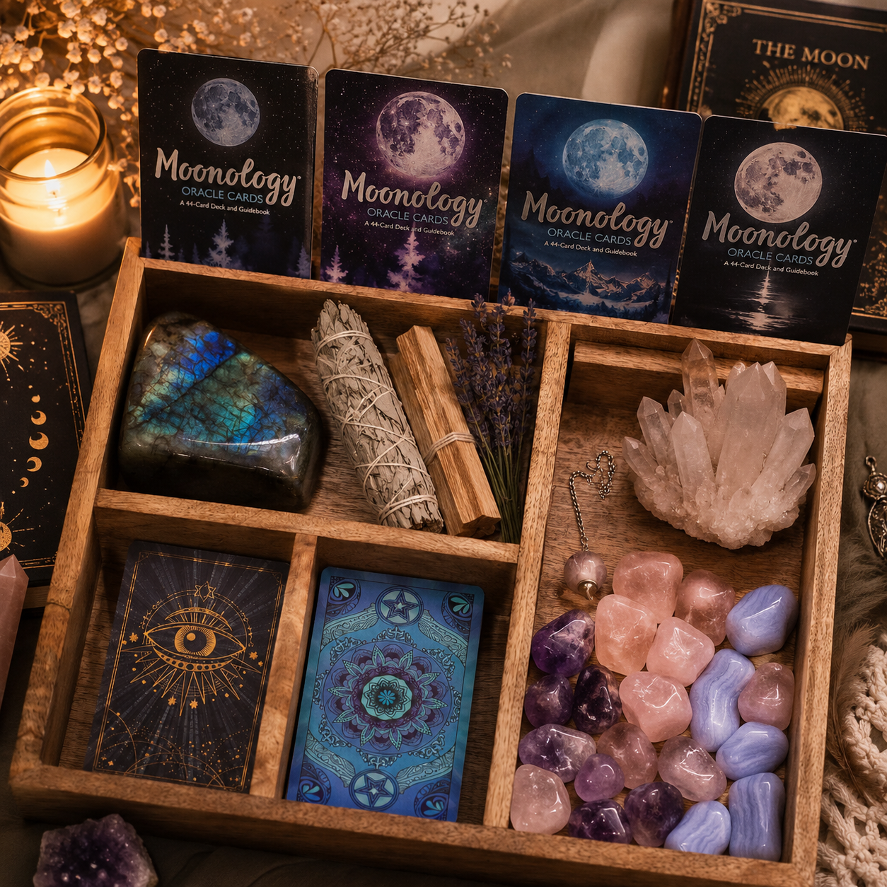 Wooden box with Moonology oracle cards, crystals, and candles on a mystical background.