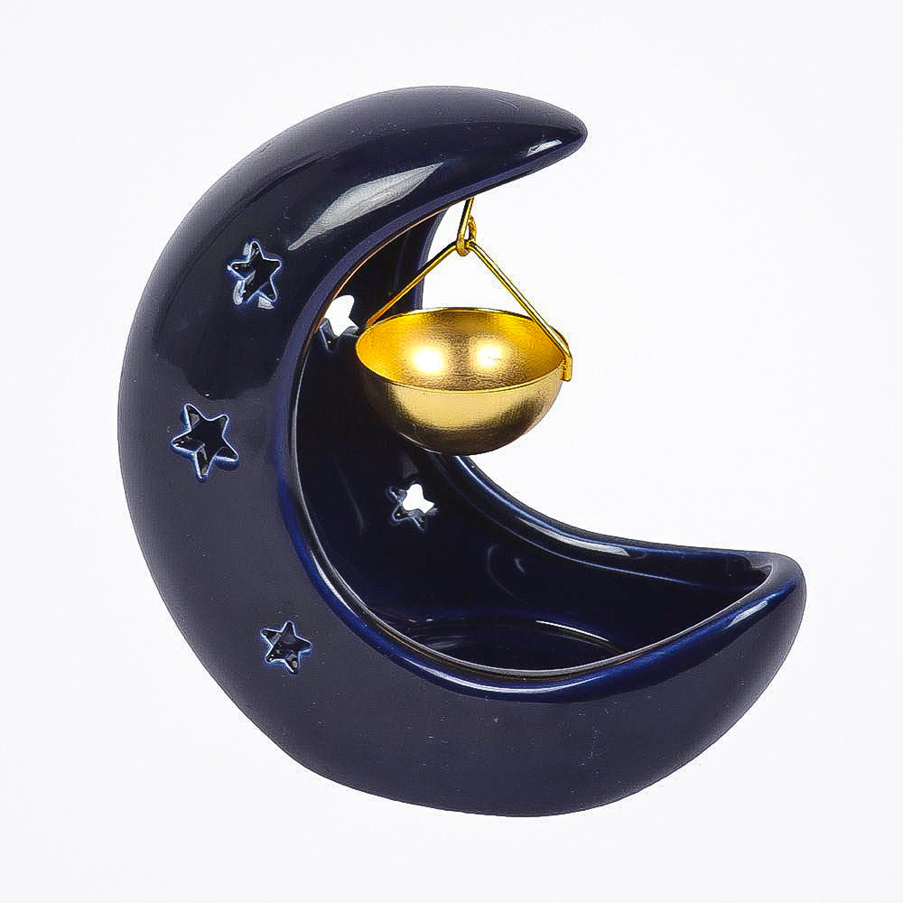 Decorative moon-shaped holder with a gold bowl on a white background