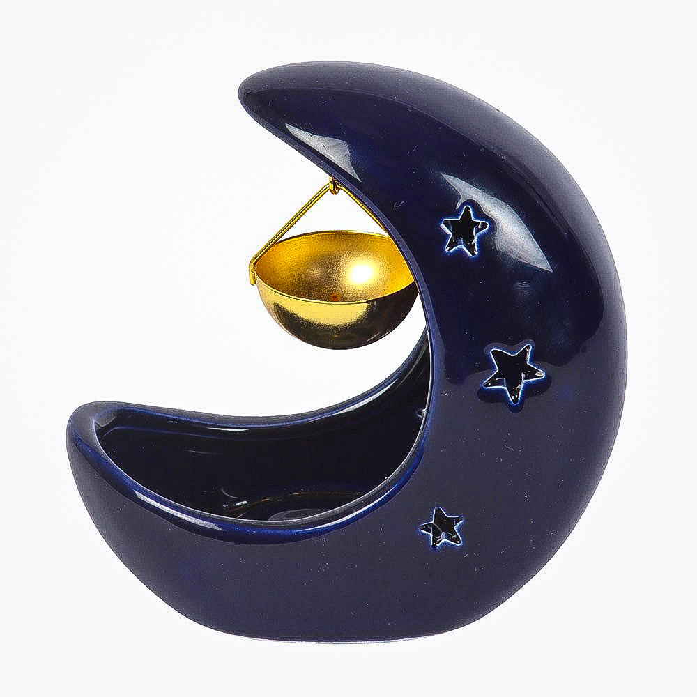 Decorative moon-shaped holder with a gold bowl on a white background