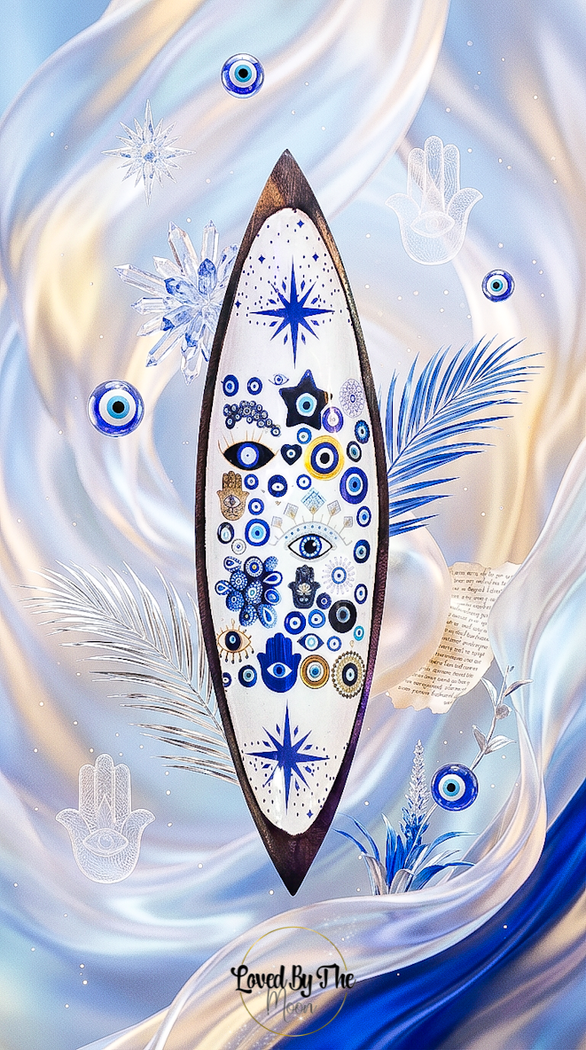 A vertical incense stick holder featuring blue and white evil eye patterns, surrounded by abstract blue and white flowing waves, palm leaves, and hand motifs. The text 'Loved By The' appears at the bottom.