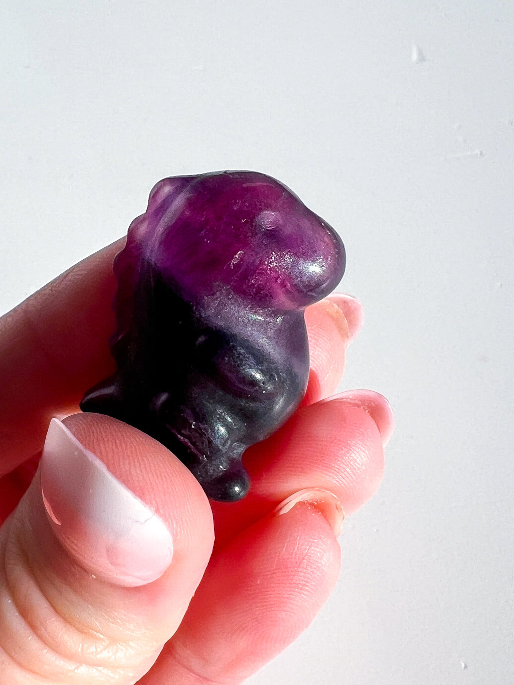 Fluorite Dinosaur Crystal Carving  in hand with white background