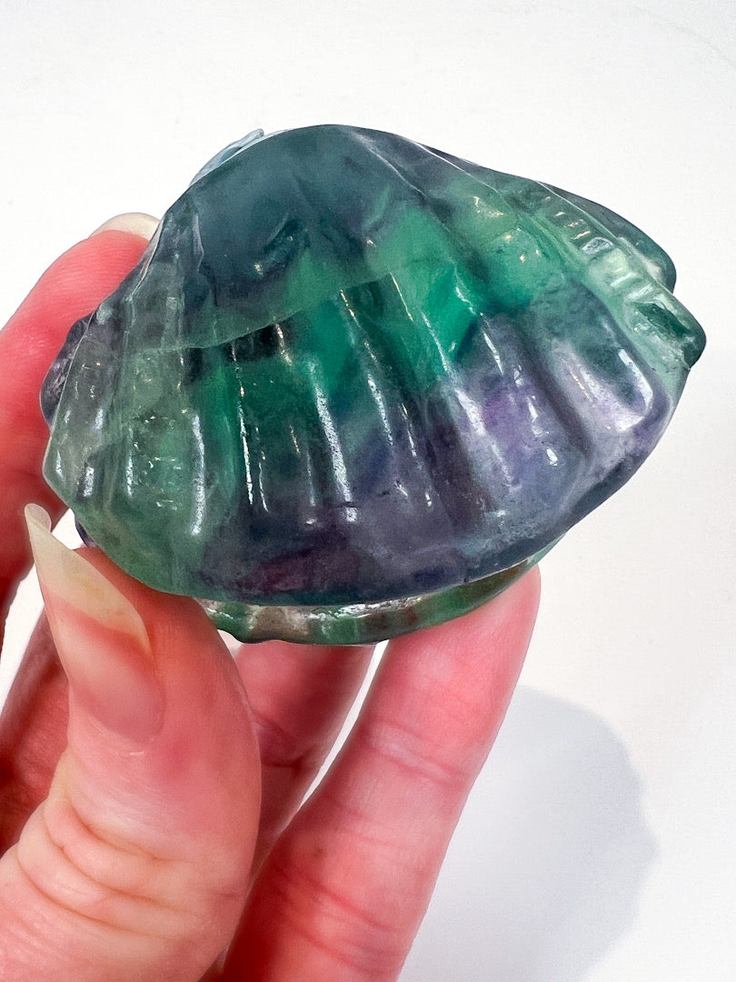 Hand holding a green and purple crystal rock against a white background