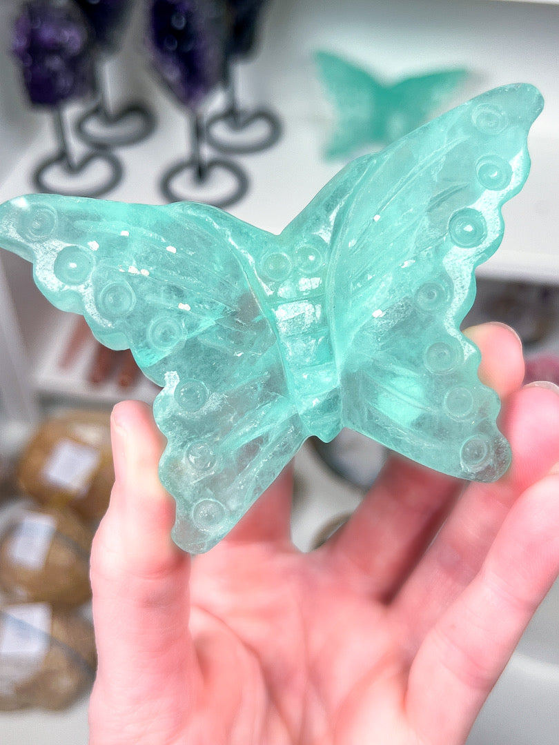 Turquoise butterfly-shaped object held in a hand with a blurred background