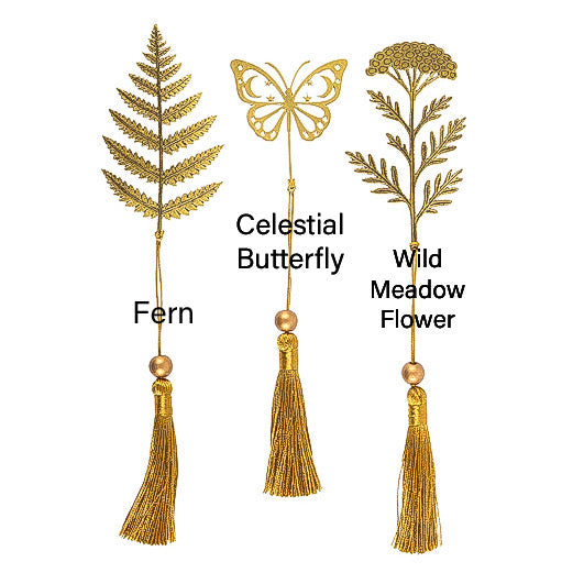 Three decorative items labeled 'Fern', 'Celestial Butterfly', and 'Wild Meadow Flower' with tassels on a white background.