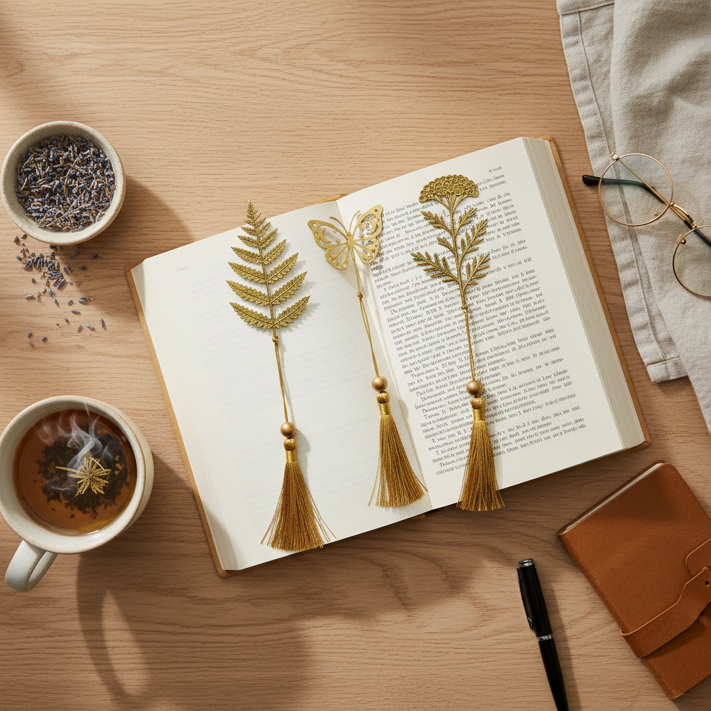 Open book with decorative leaves, cup of tea, and lavender on a wooden surface