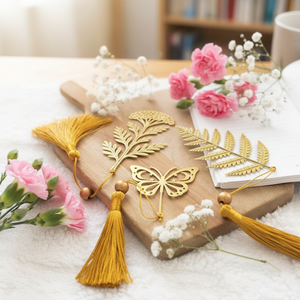 Gold leaf and tassel bookmarks on a wooden board with flowers and a book in the background.