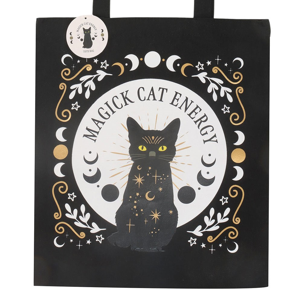 Black tote bag with a black cat illustration and 'MAGIC CAT ENERGY' text on a white background