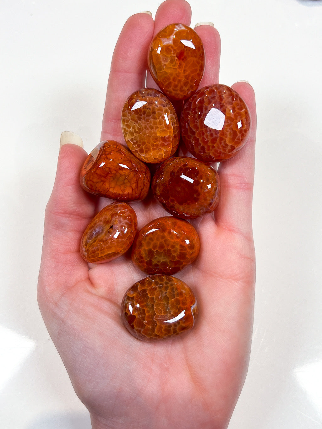 Red crystal tumble stones on hand with white background
