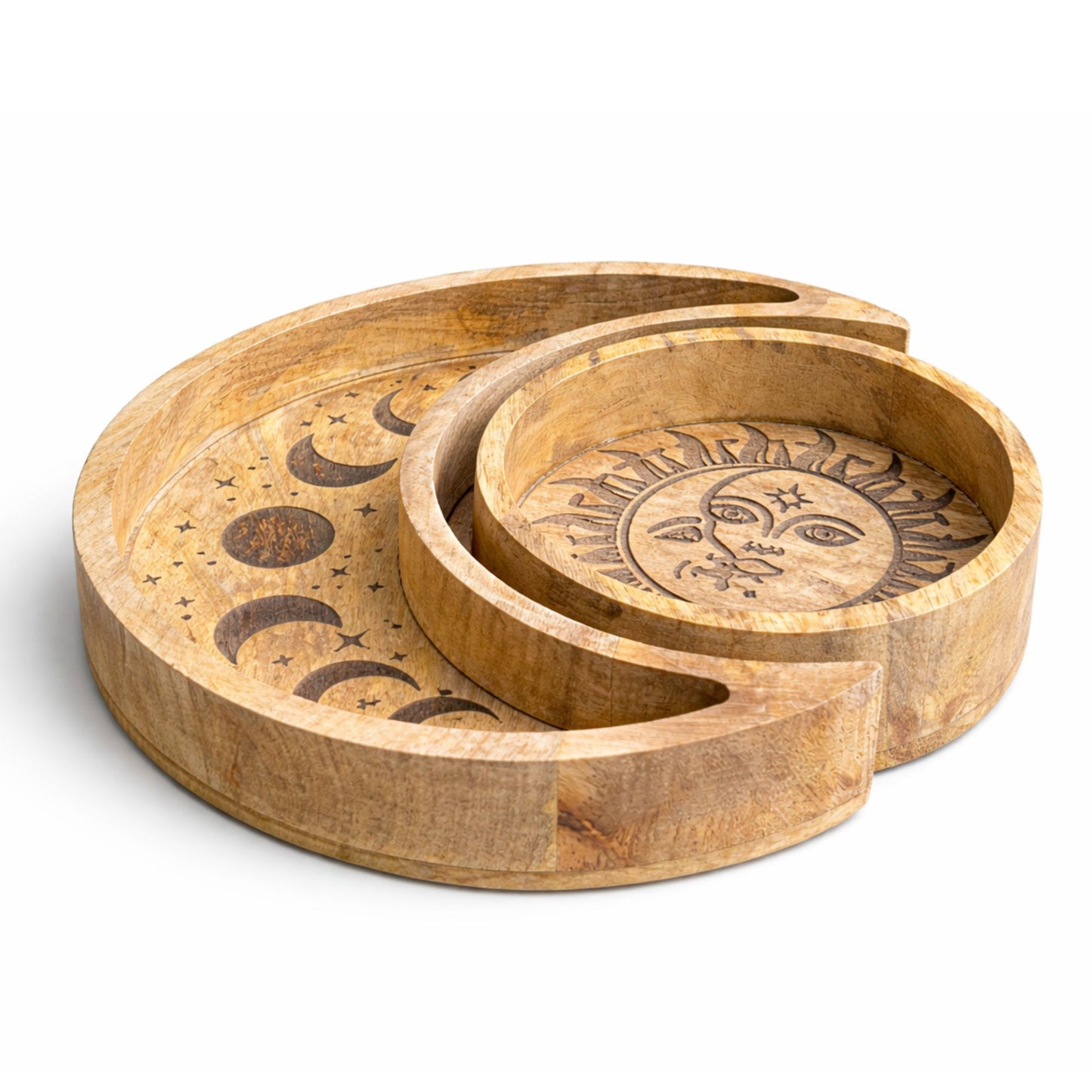 Wooden tray set with celestial designs on a white background