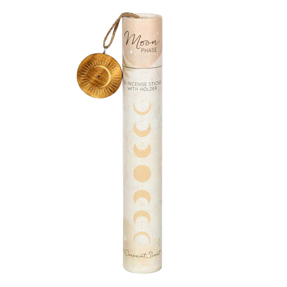 Incense stick holder with moon phase design on a white background