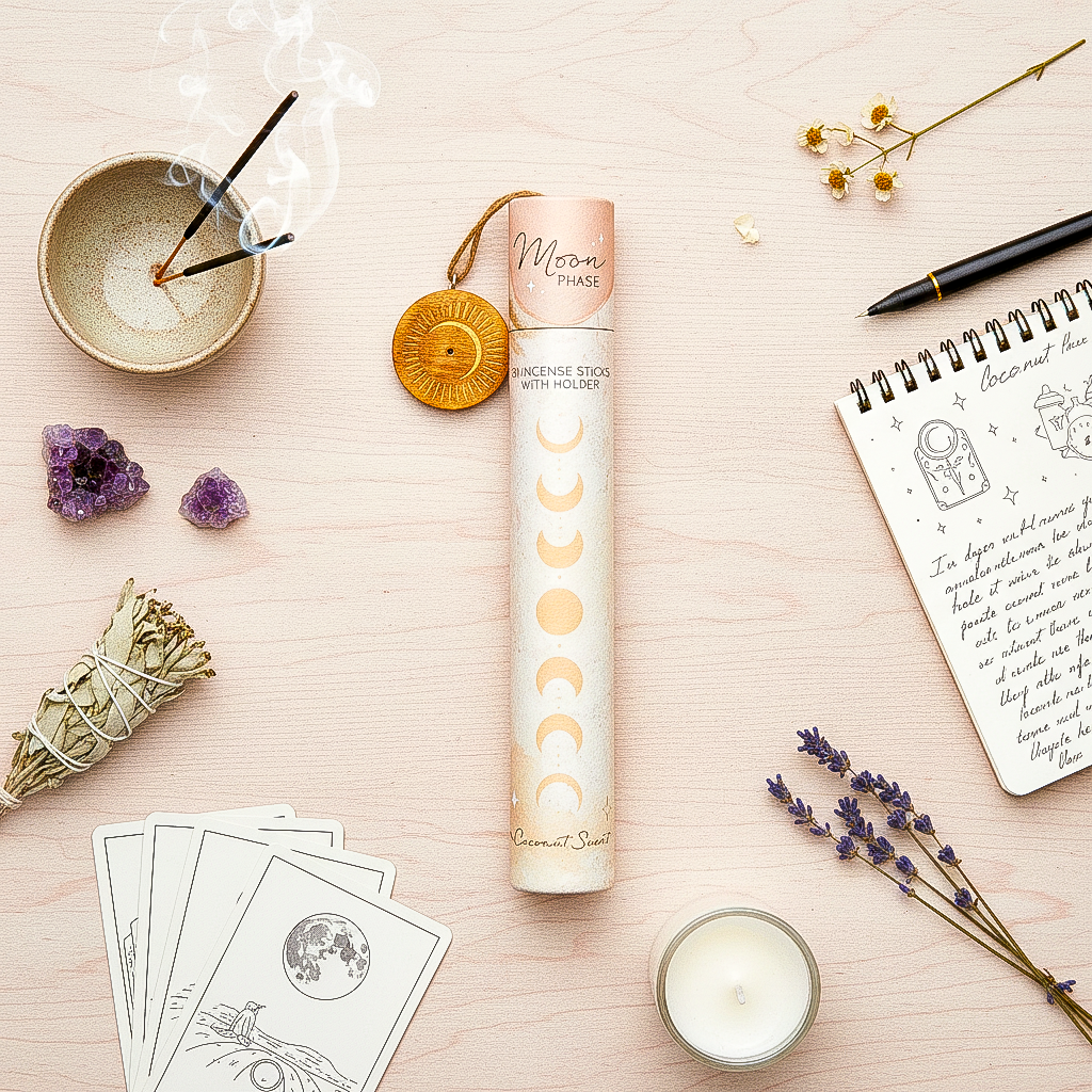 Candle with packaging, cards, and decorative items on a light surface