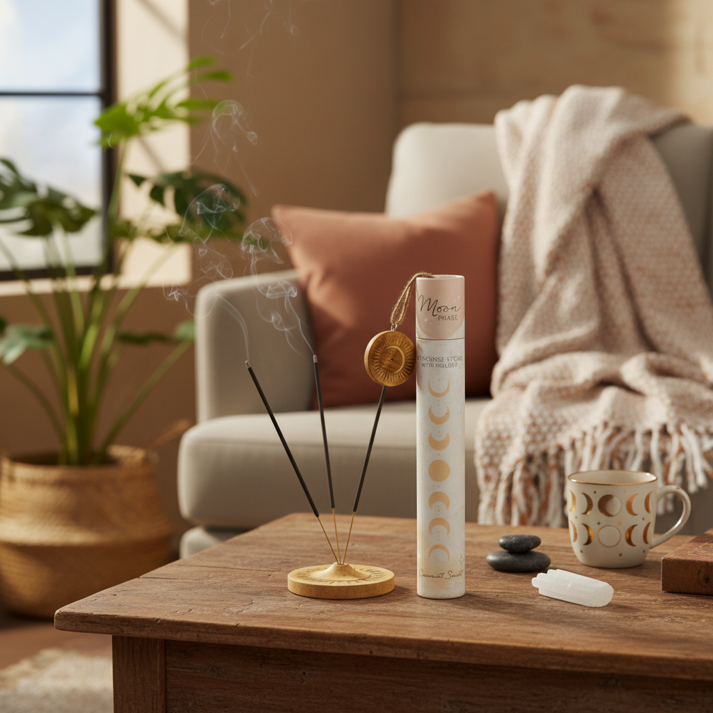 Decorative items on a wooden table with a cozy living room background