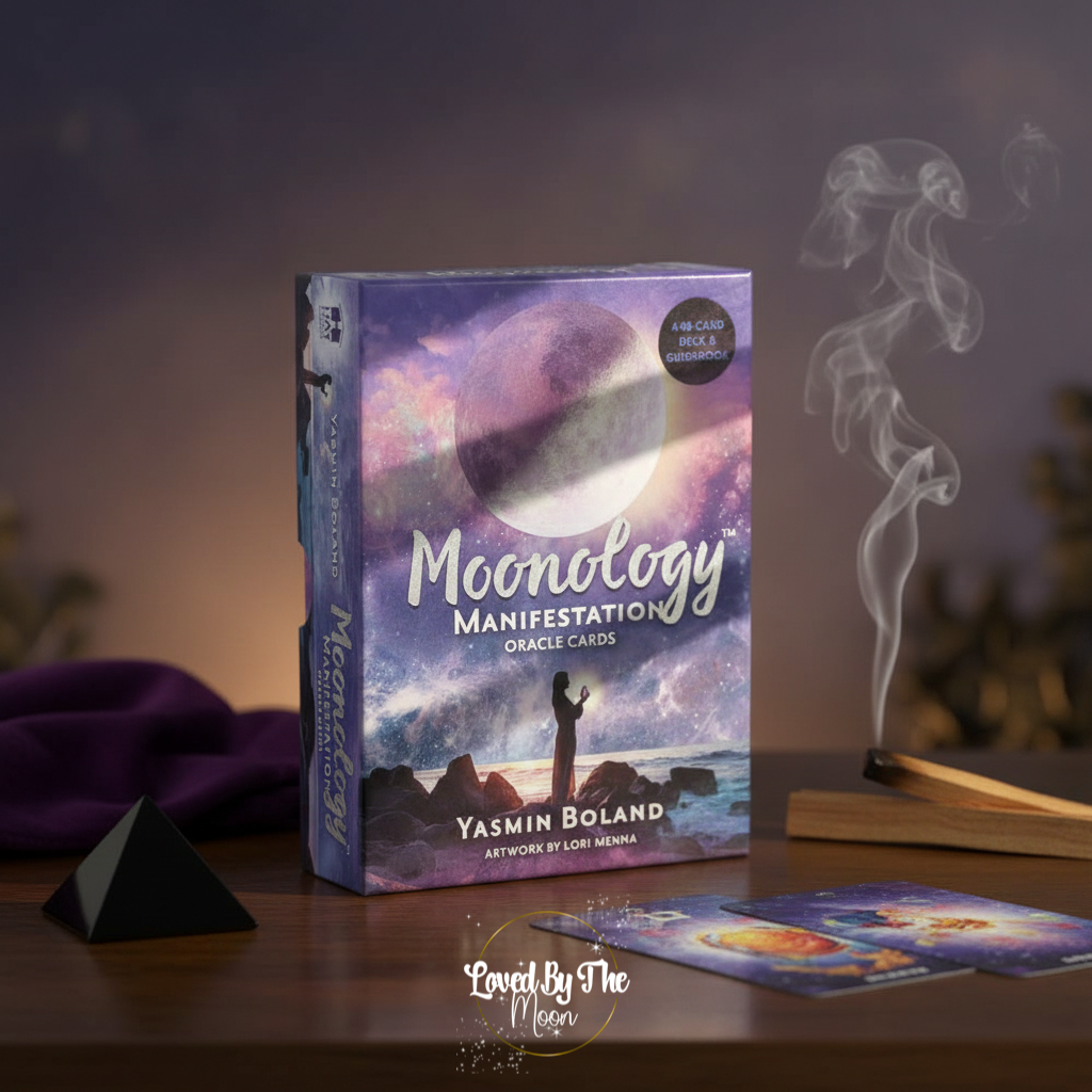 Moonology Manifestation Oracle Cards by Yasmin Boland on a table with smoke and mystical elements.