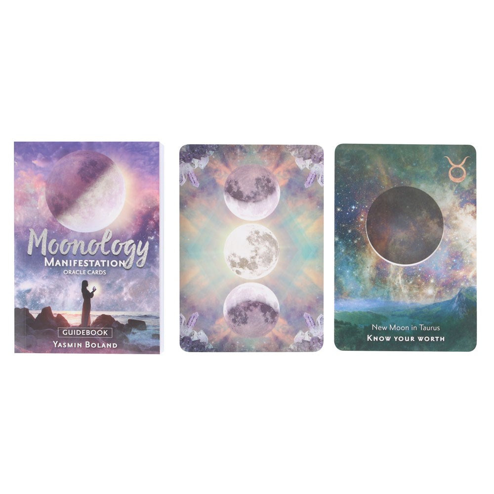 Three tarot cards with moon phases and celestial designs on a white background