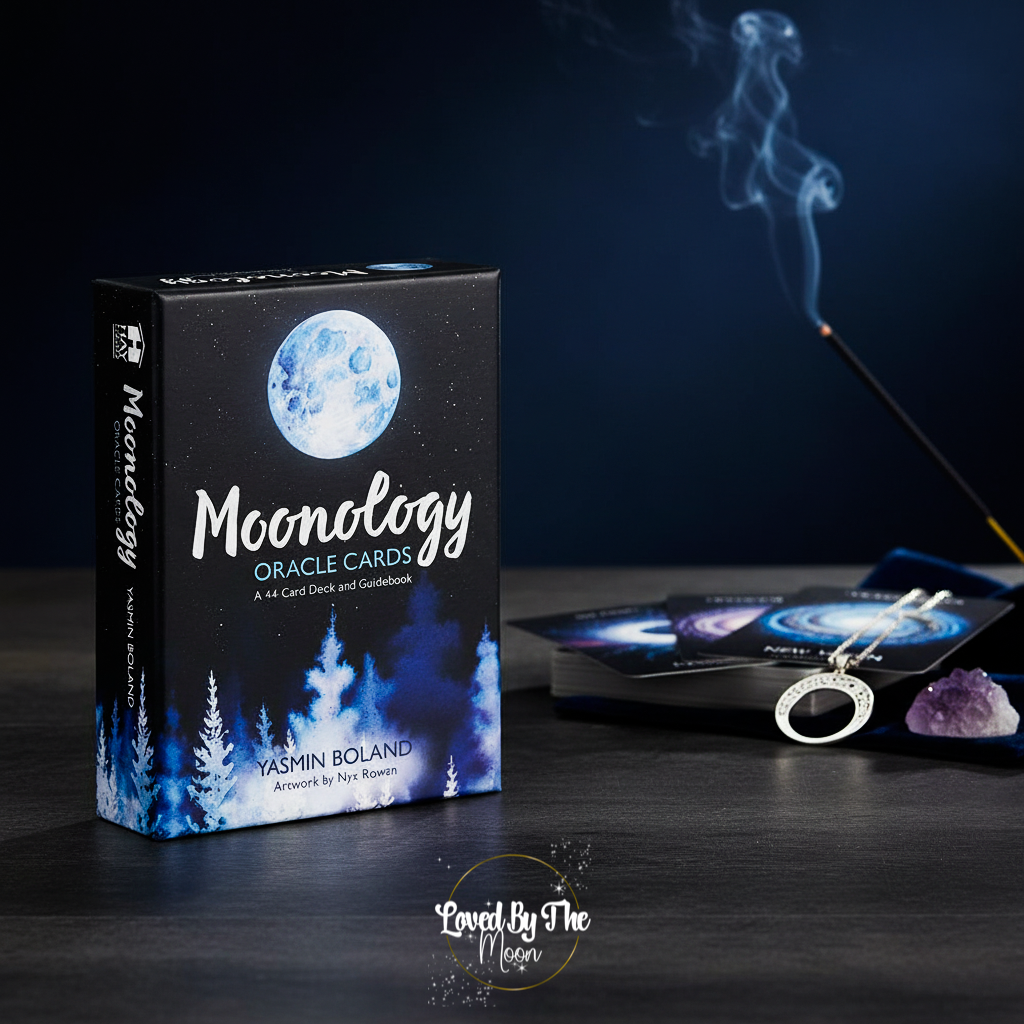 Moonology Oracle Cards packaging with smoking incense and crystals on a dark background