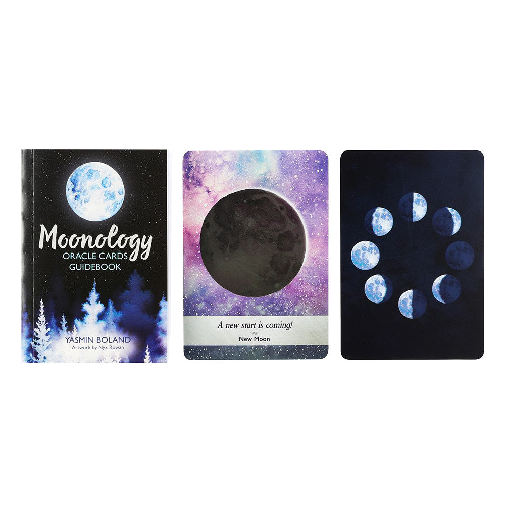 Moonology Oracle Cards with guidebook and cards featuring moon phases on a white background