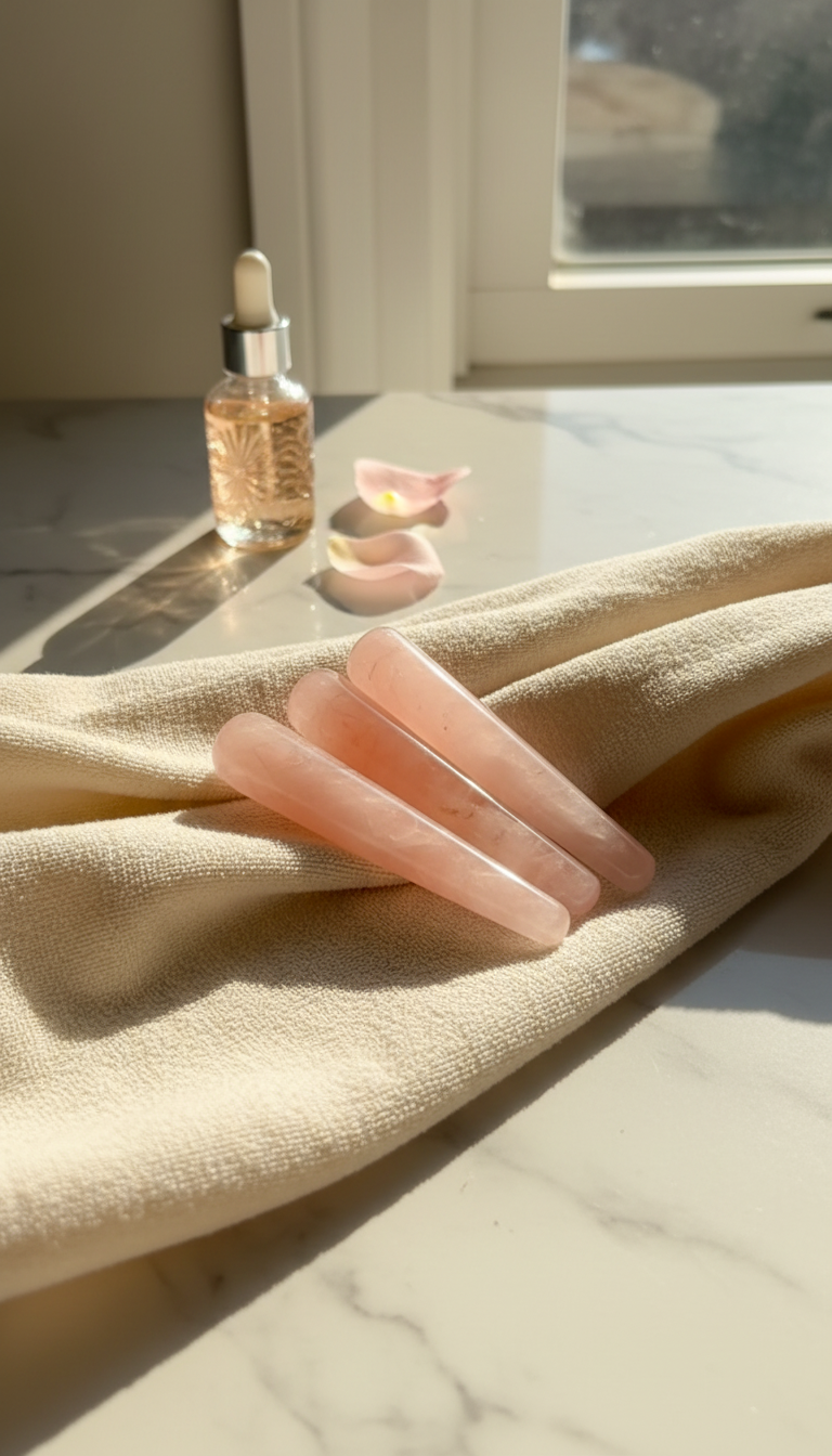 Three pink Rose Quartz massage wands on a beige towel with a dropper bottle in the background.