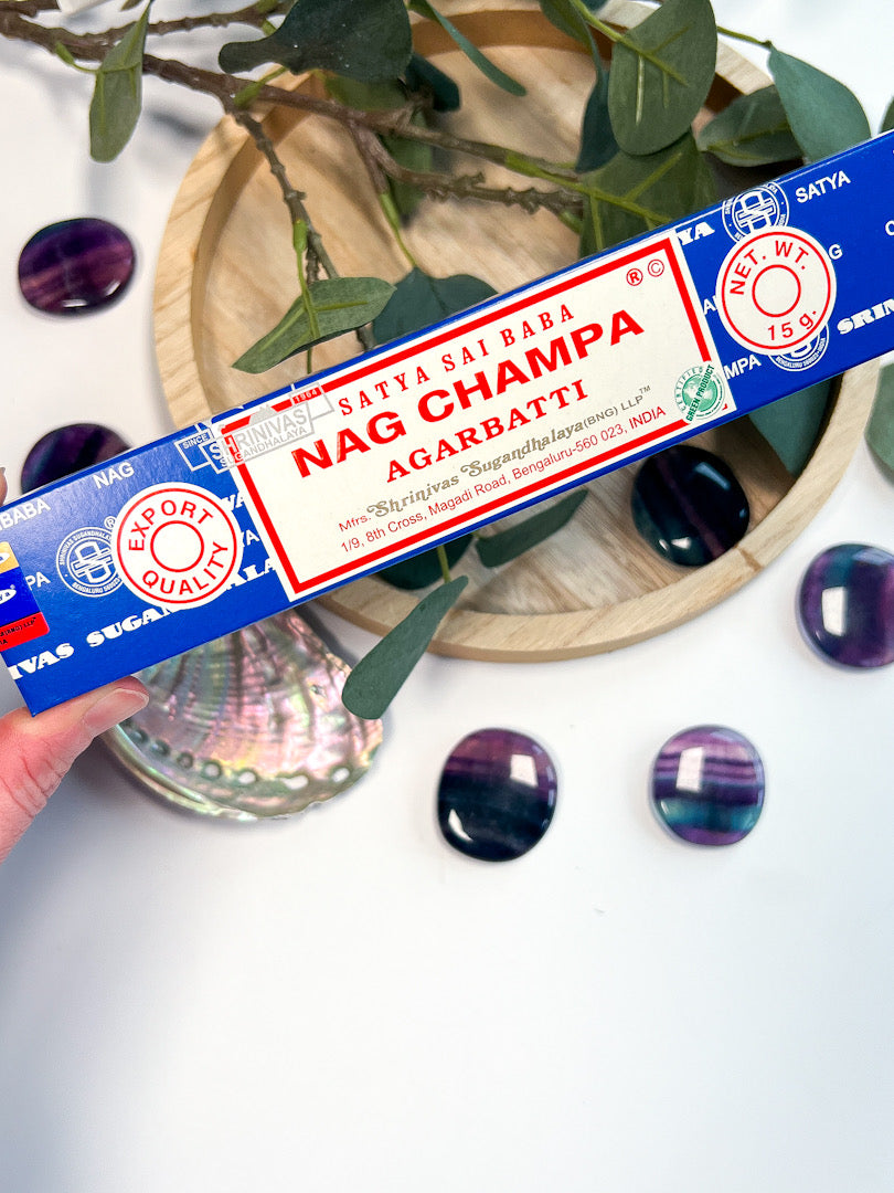 Satya Nag Champa incense in hand with crystals and greenery in the background.