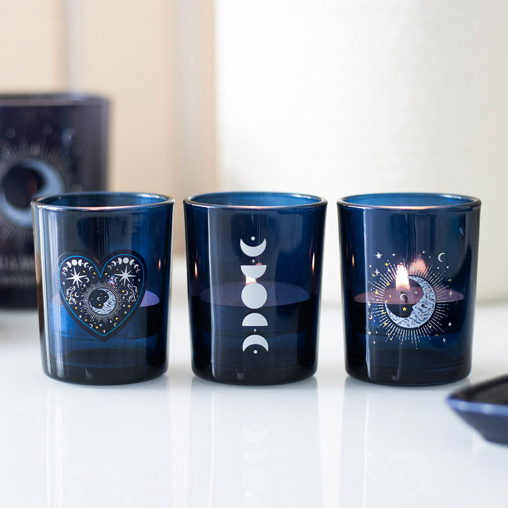 Set of 3 Blue Celestial Candle Holders with white background