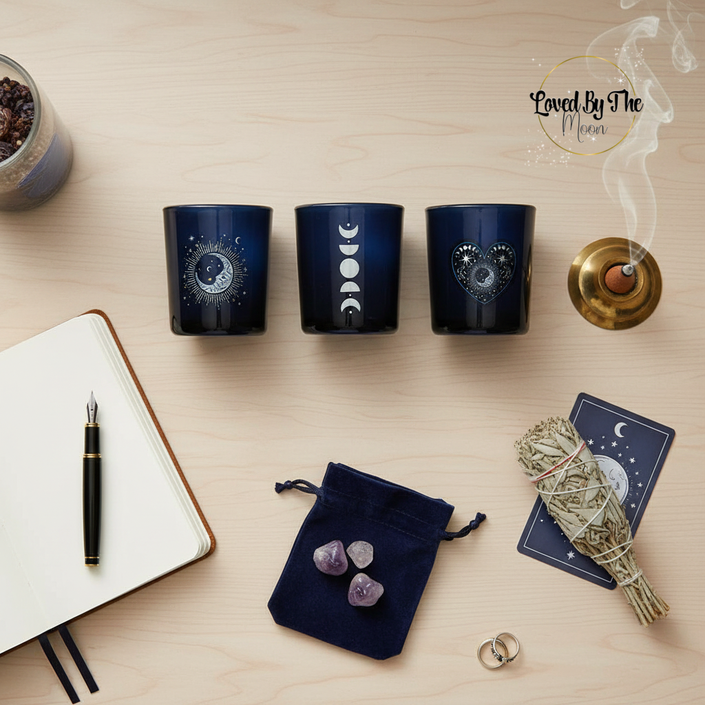 Set of 3 Blue Celestial Candle Holders lying flat on a wooden table with a birds eye view.