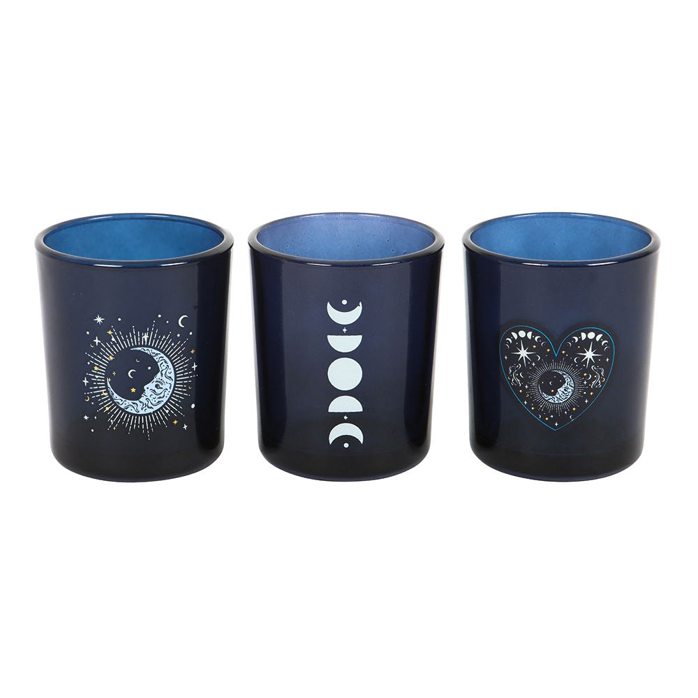 Set of 3 Blue Celestial Candle Holders with white background.