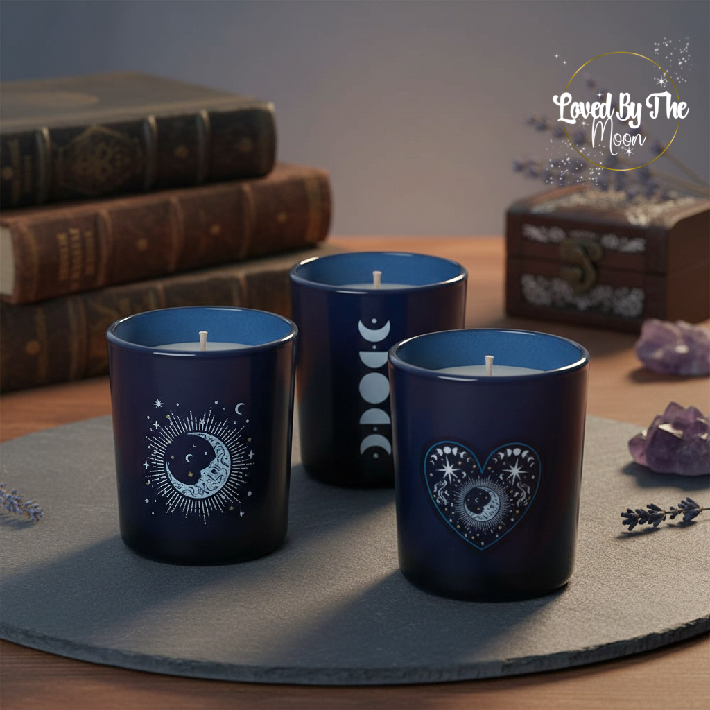 Set of 3 Blue Celestial Candle Holders on a gray mat surrounded by books and crystals.