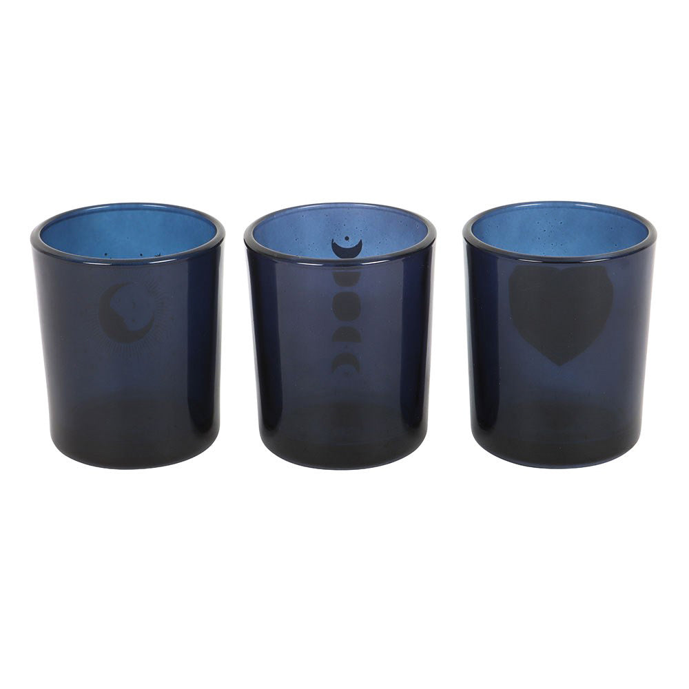 Set of 3 Blue Celestial Candle Holders with a white background