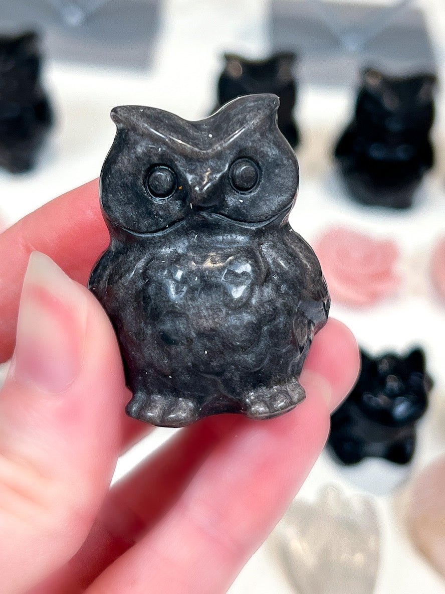 Hand holding a small black owl figurine with blurred background
